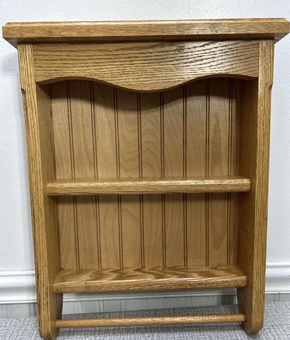 Vintage Handmade Solid Oak Wall Shelf Towel Bar 2 Shelves 19x14x4 Boho Spices